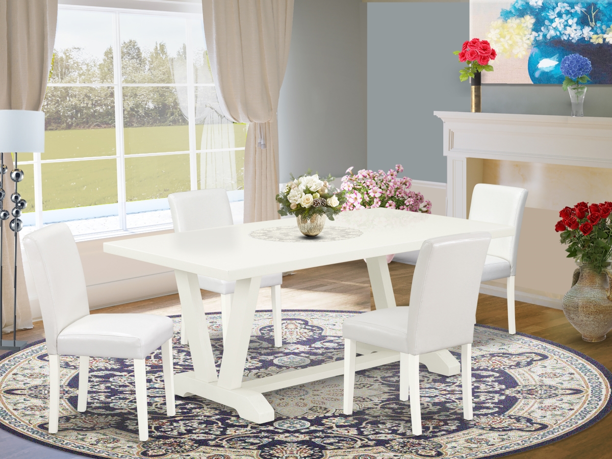 5 Piece V-Style Stylish Dining Room Set - White & Linen White