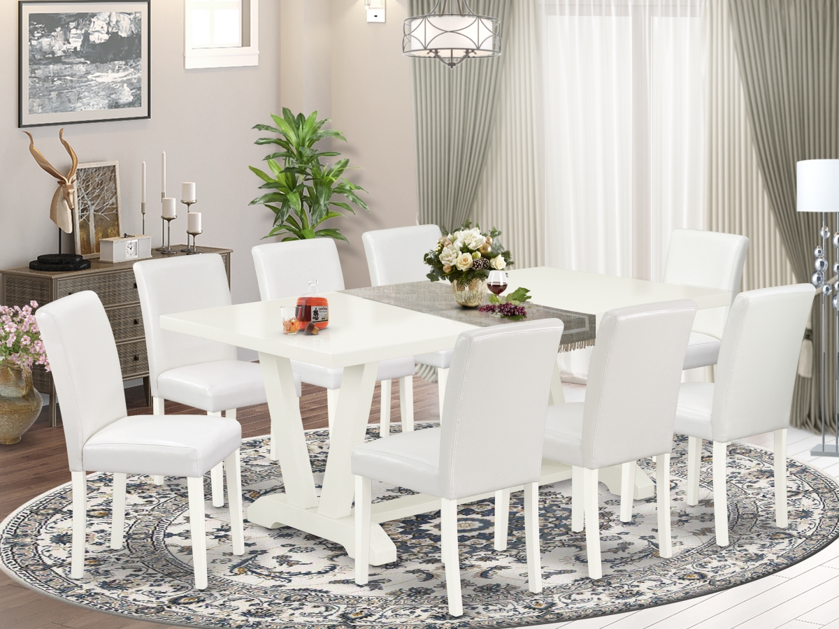 9 Piece V-Style Fashionable Dining Set - White & Linen White