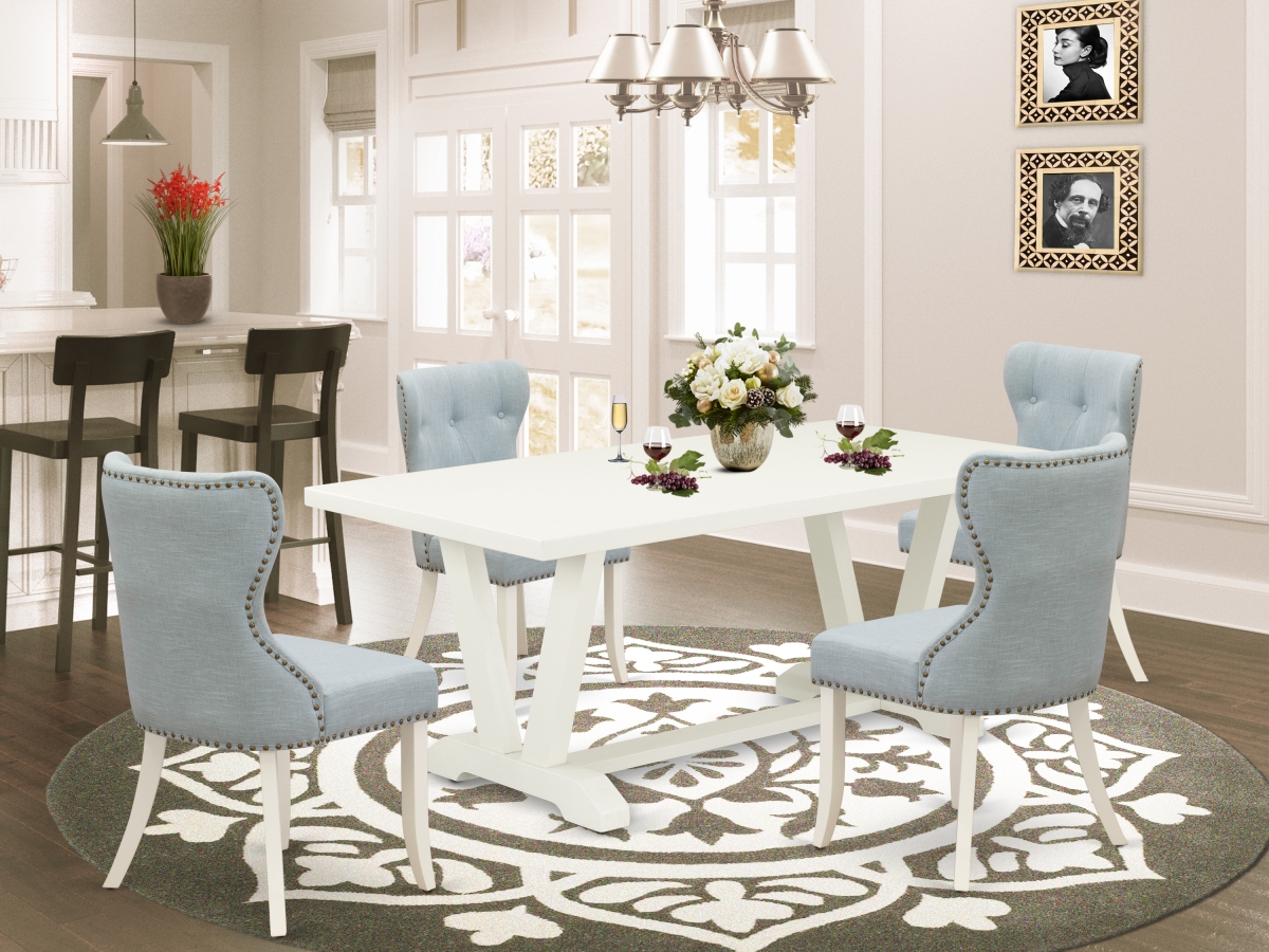 5 Piece V-Style Modern Dining Set - Wire Brushed Linen White