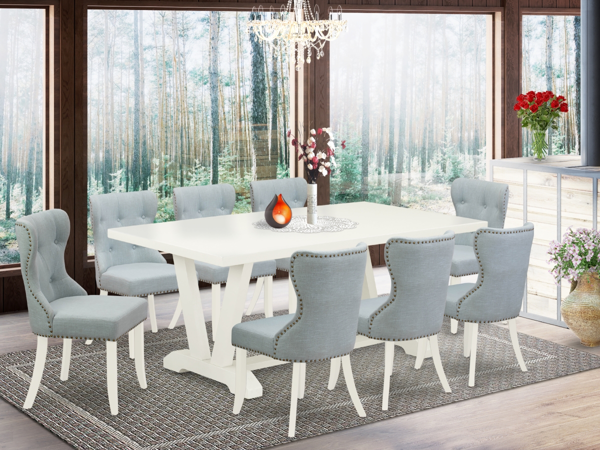 9 Piece V-Style Dining Room Table Set - Linen White