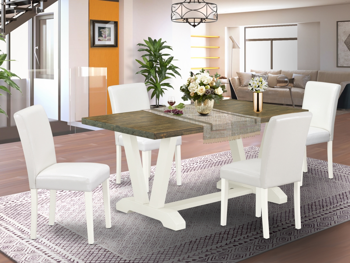 5 Piece V-Style Awesome Dining Set - White, Distressed Jacobean & Linen White