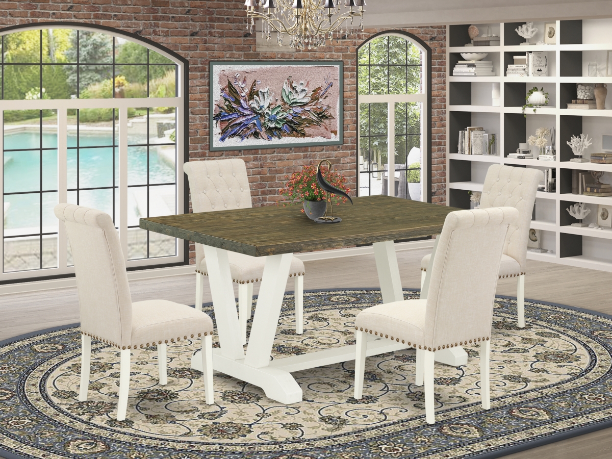 5 Piece V-Style Stylish Dinette Set - Light Beige, Distressed Jacobean & Linen White