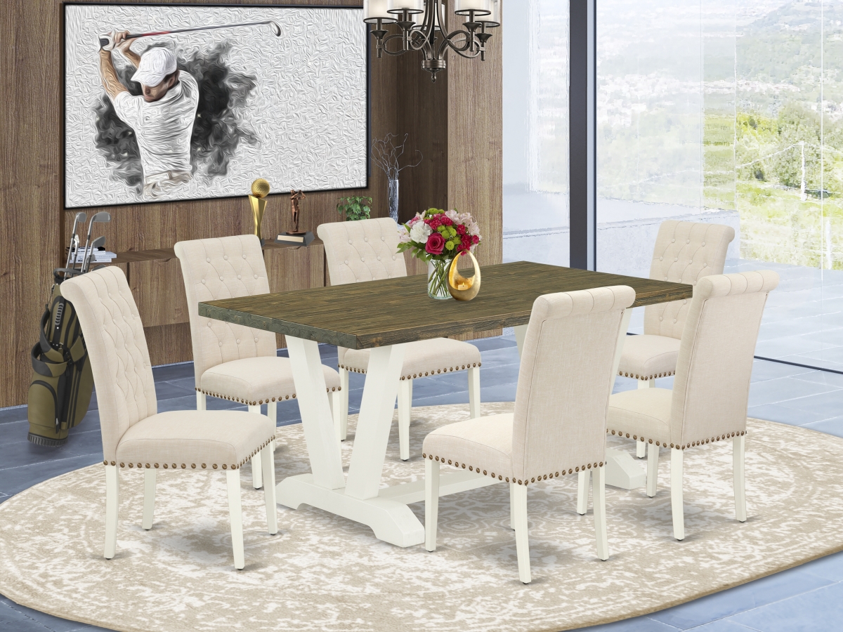 7 Piece V-Style Fashionable Rectangular Table Set - Light Beige, Distressed Jacobean & Linen White