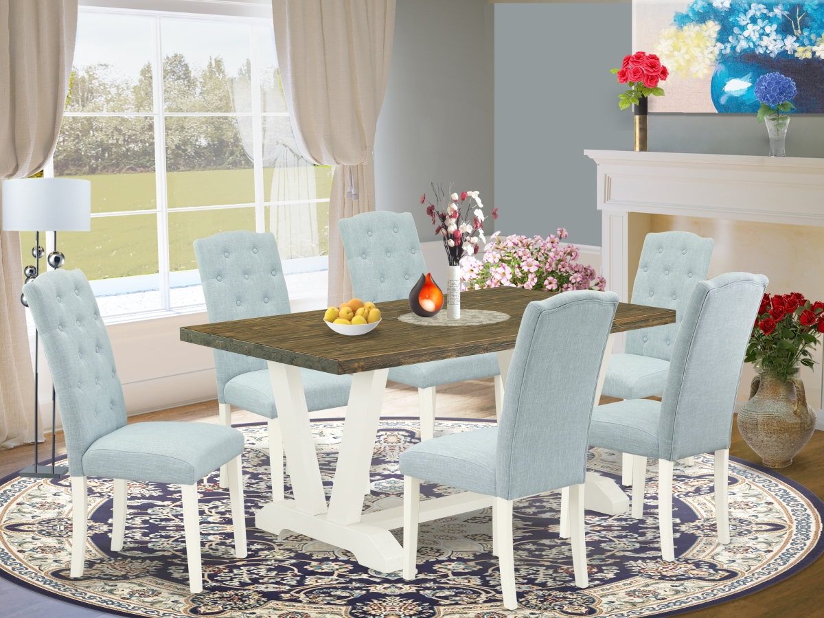7 Piece V-Style Dining Table Set - Linen White