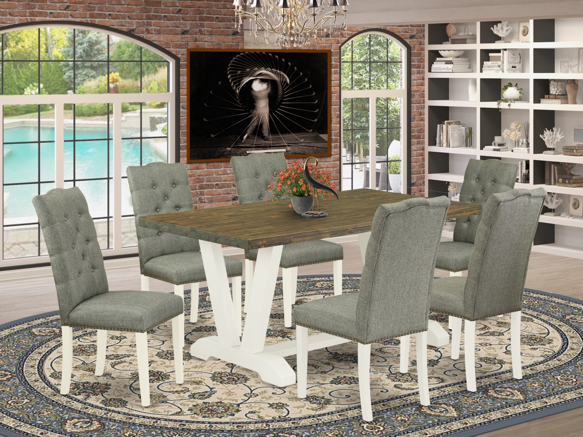 7 Piece V-Style Dining Table Set - Linen White