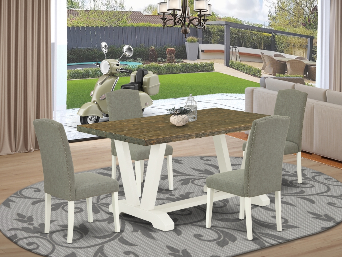 5 Piece V-Style Modern Kitchen Table Set - Dark Shitake, Distressed Jacobean & Linen White