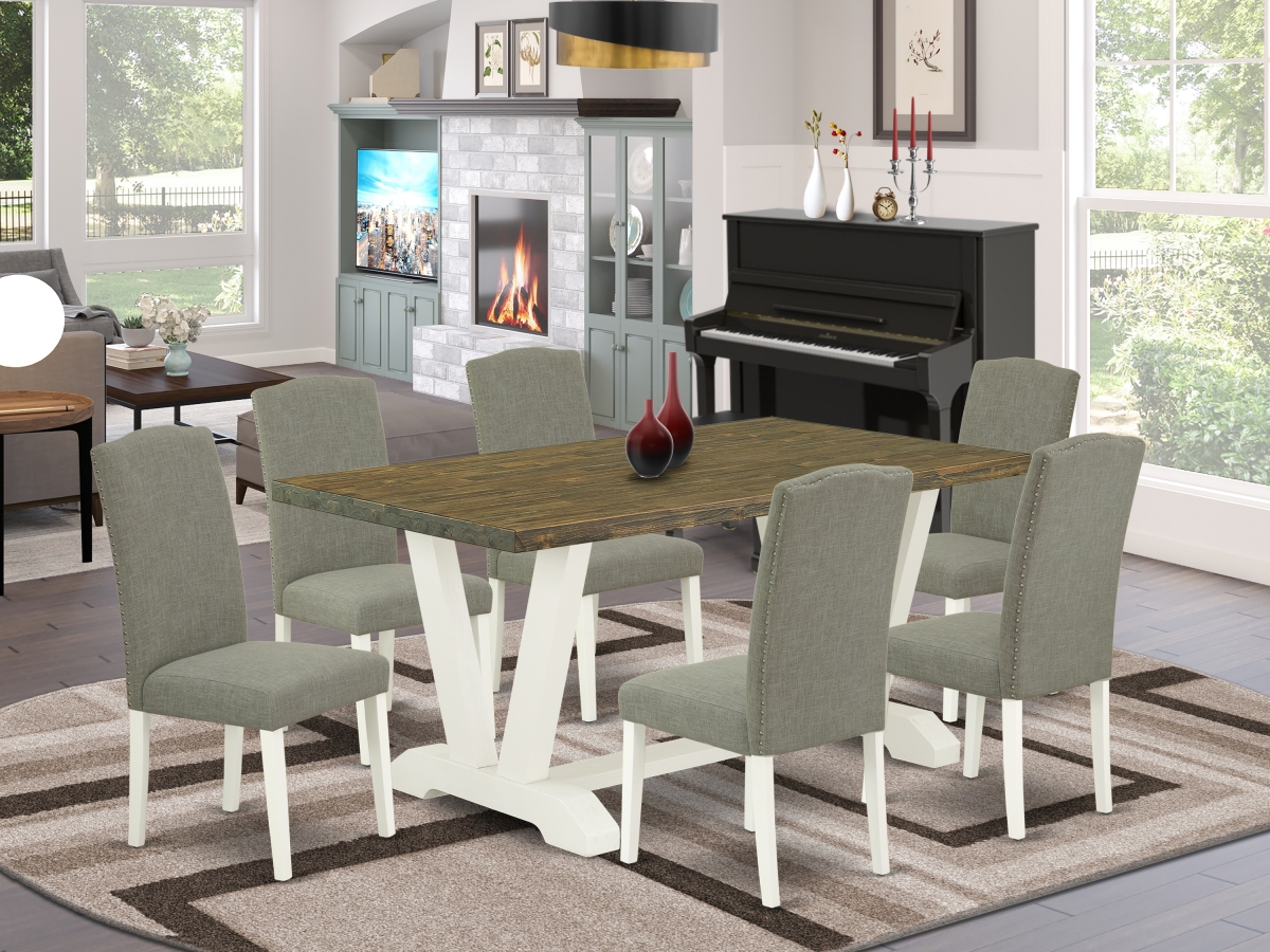 7 Piece V-Style Fashionable Dining Set - Dark Shitake, Distressed Jacobean & Linen White