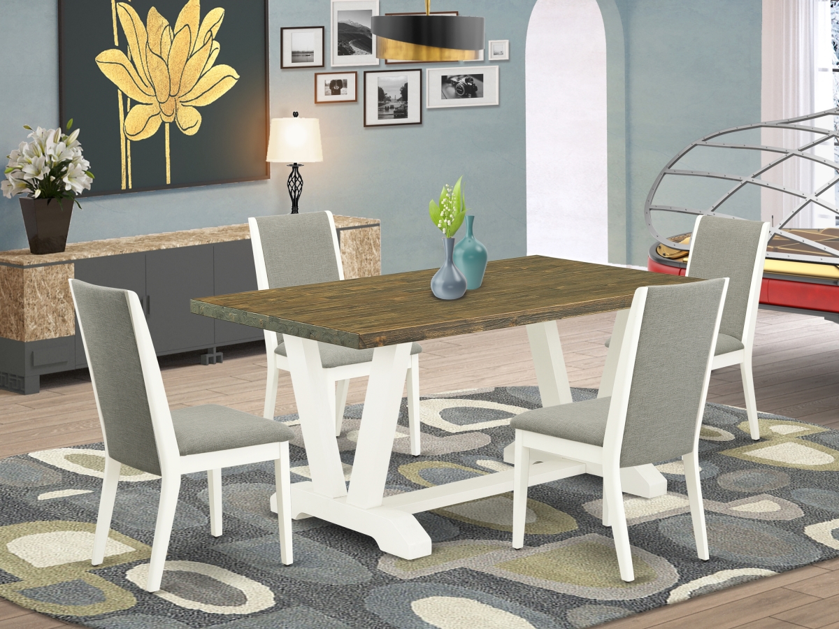 5 Piece V-Style Fashionable Rectangular Dining Room Table Set - Shitake, Distressed Jacobean & Linen White