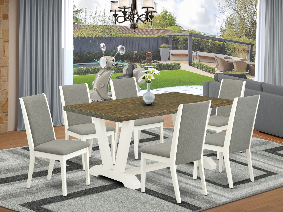 7 Piece V-Style Stylish Dining Set - Shitake, Distressed Jacobean & Linen White