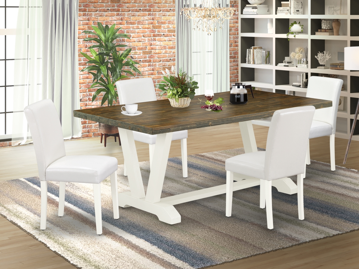 5 Piece V-Style Modern Dining Room Set - White, Distressed Jacobean & Linen White
