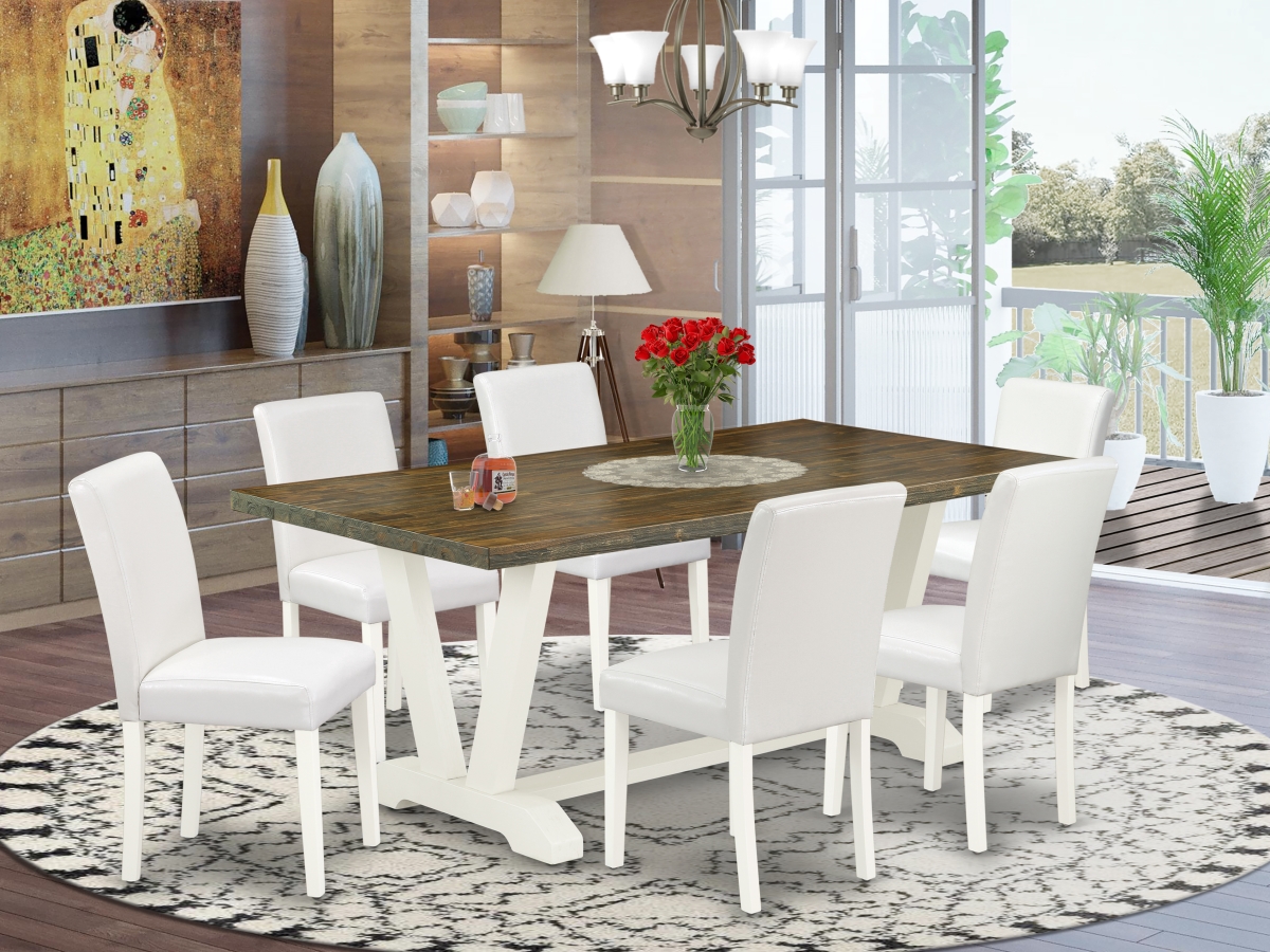 V077AB264-7 7 Piece V-Style Amazing Modern Dining Table Set - White, Distressed Jacobean & Linen White