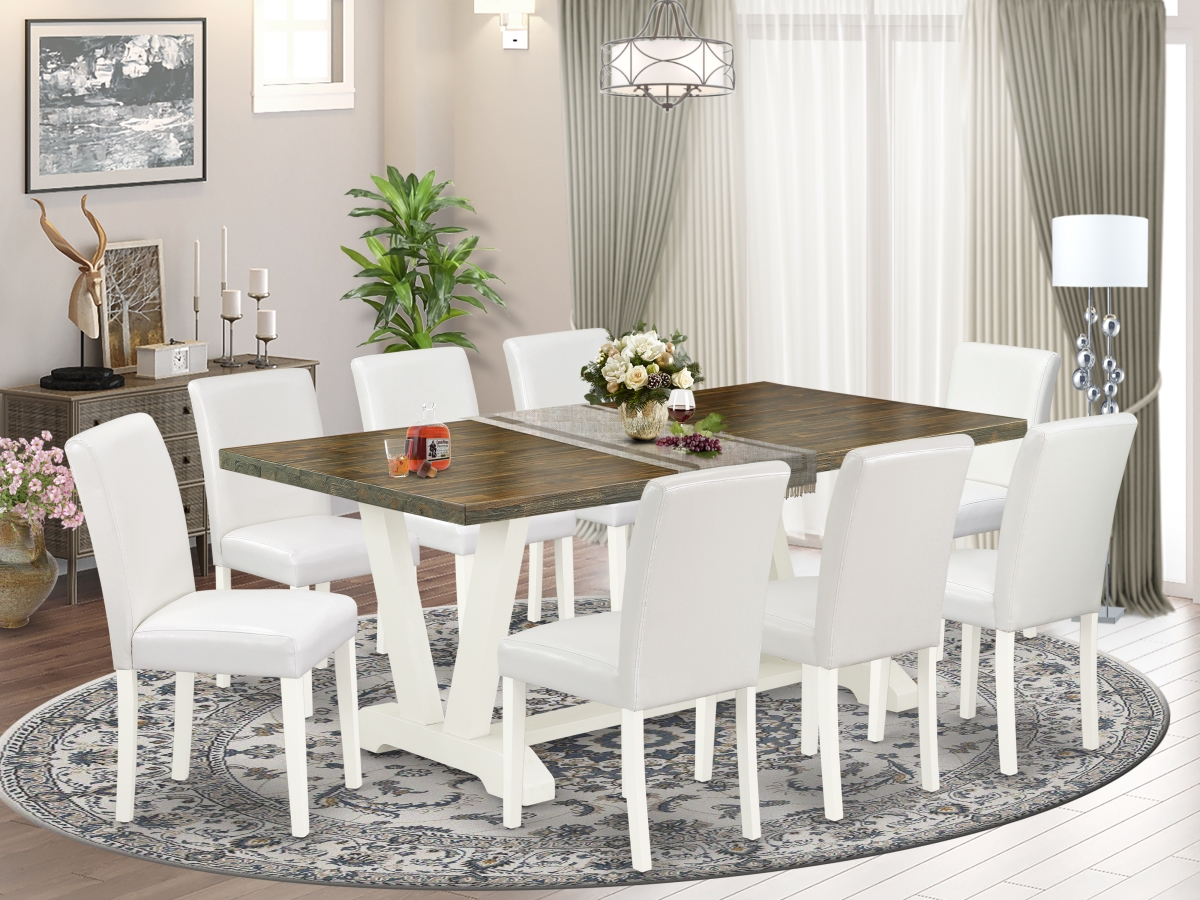 V077AB264-9 9 Piece V-Style Beautiful Rectangular Table Set - White, Distressed Jacobean & Linen White