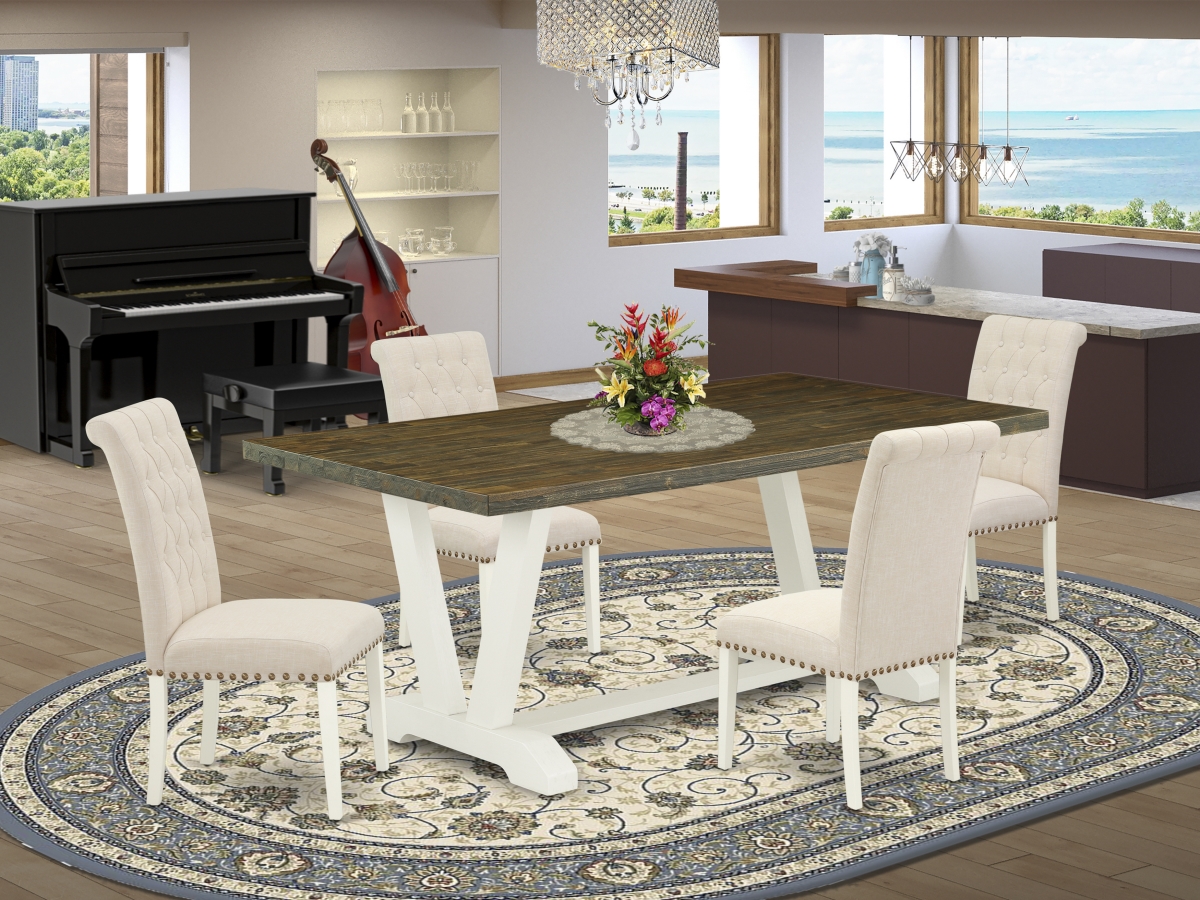 5 Piece V-Style Gorgeous Kitchen Table Set - Light Beige, Distressed Jacobean & Linen White