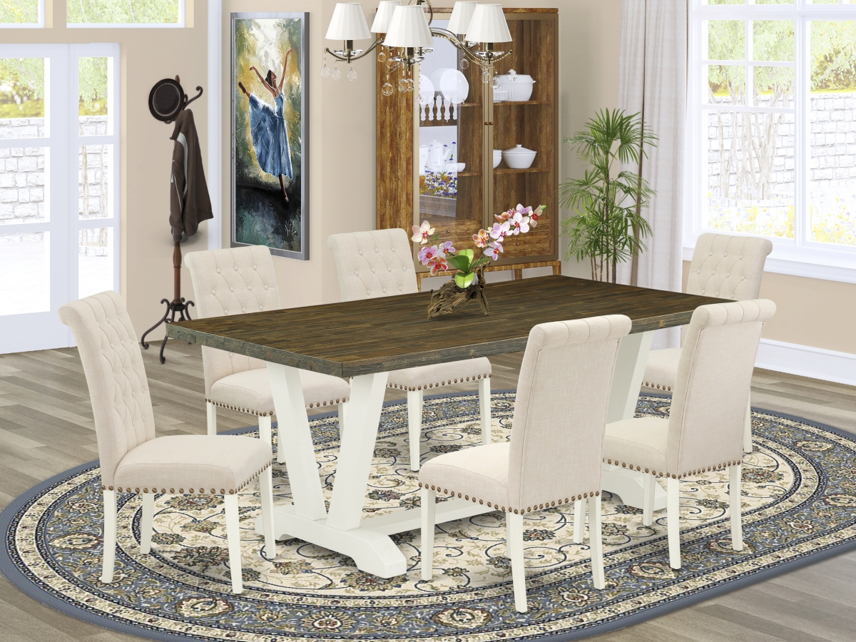 V077BR202-7 7 Piece V-Style Amazing Dining Table Set - Light Beige, Distressed Jacobean & Linen White