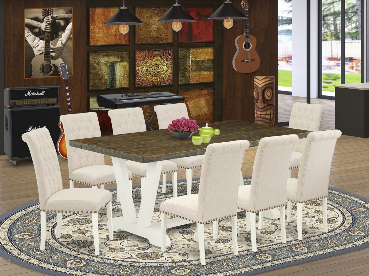 9 Piece V-Style Awesome Modern Dining Table Set - Light Beige, Distressed Jacobean & Linen White -  GSI Homestyles, HO3519873