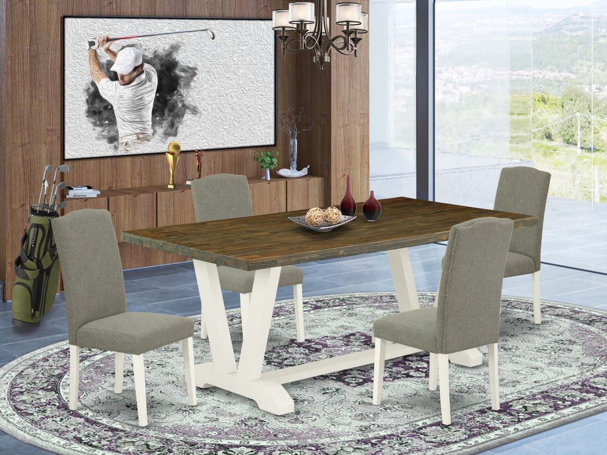 V077EN206-5 5 Piece V-Style Amazing Dining Table Set - Dark Shitake, Distressed Jacobean & Linen White