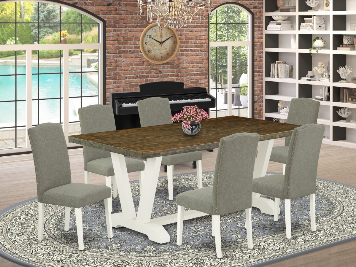 7 Piece V-Style Gorgeous Dining Set - Dark Shitake, Distressed Jacobean & Linen White