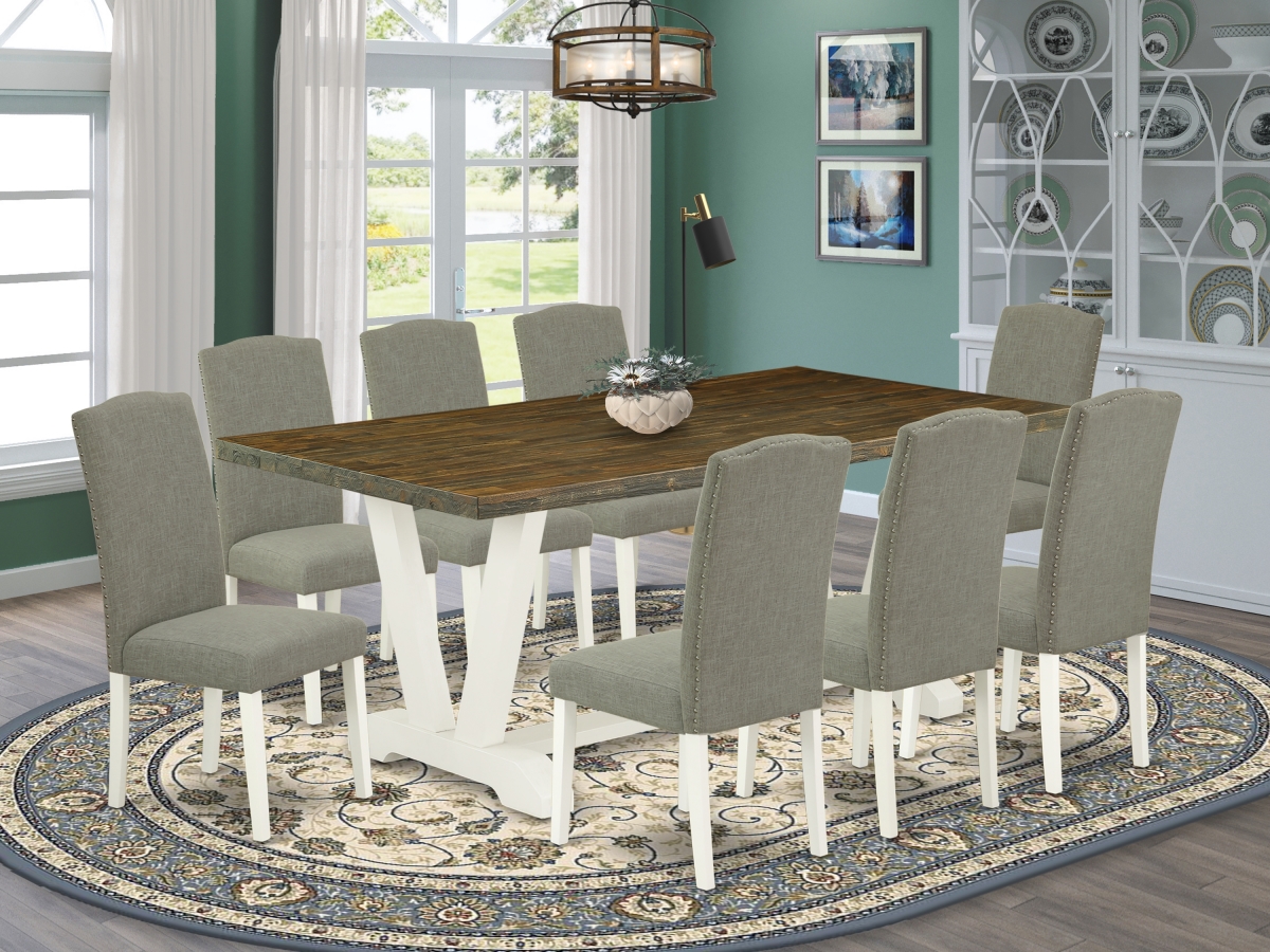 9 Piece V-Style Modern Dining Table Set - Dark Shitake, Distressed Jacobean & Linen White