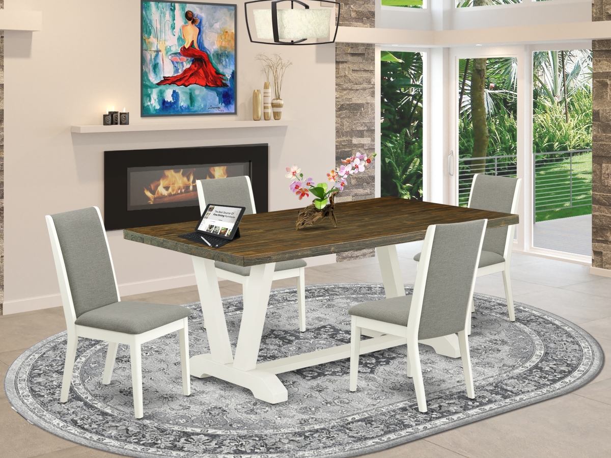 5 Piece V-Style Fashionable Modern Dining Table Set - Shitake, Distressed Jacobean & Linen White