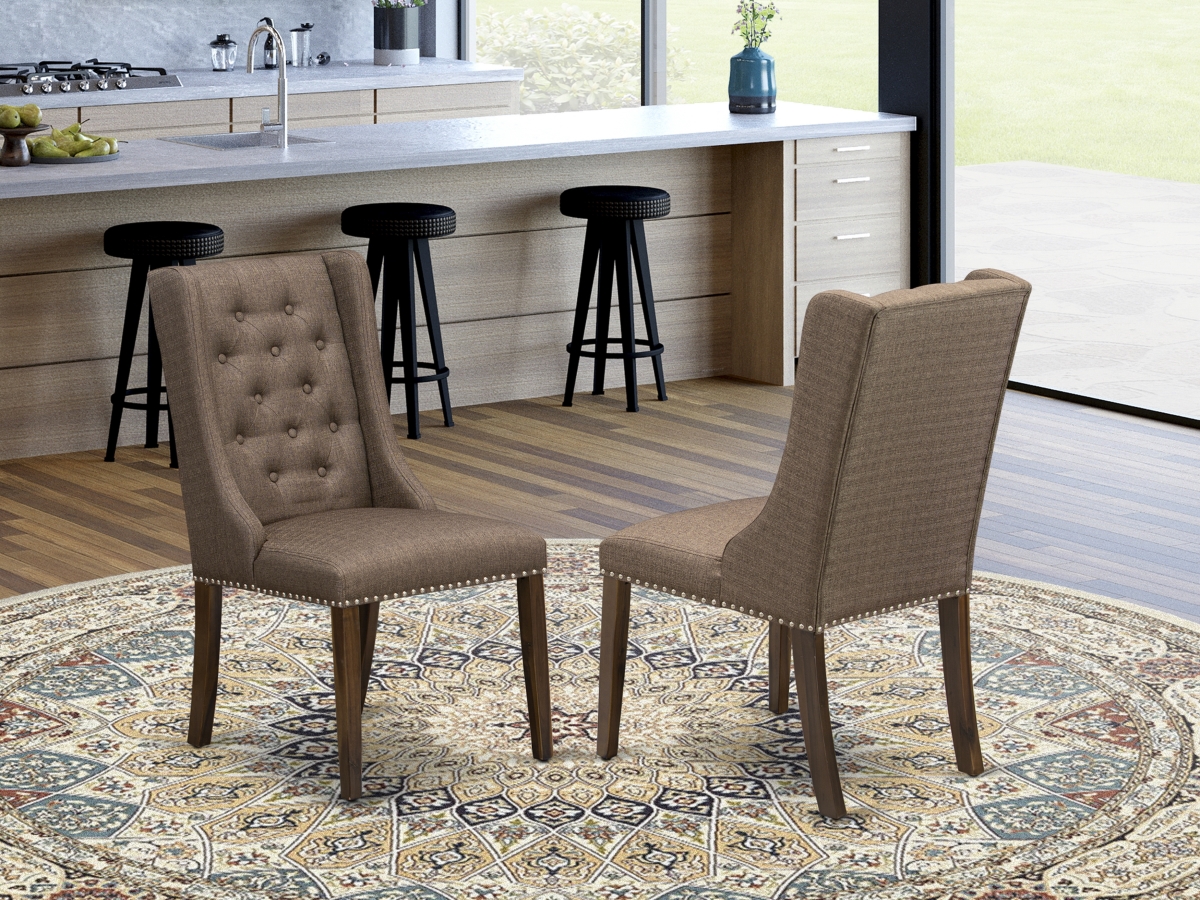 Forney Brown Linen Fabric Parson Dining Chairs & Button Tufted Back with Antique Walnut Rubber Wood Legs - Set of 2 -  GSI Homestyles, HO2576374