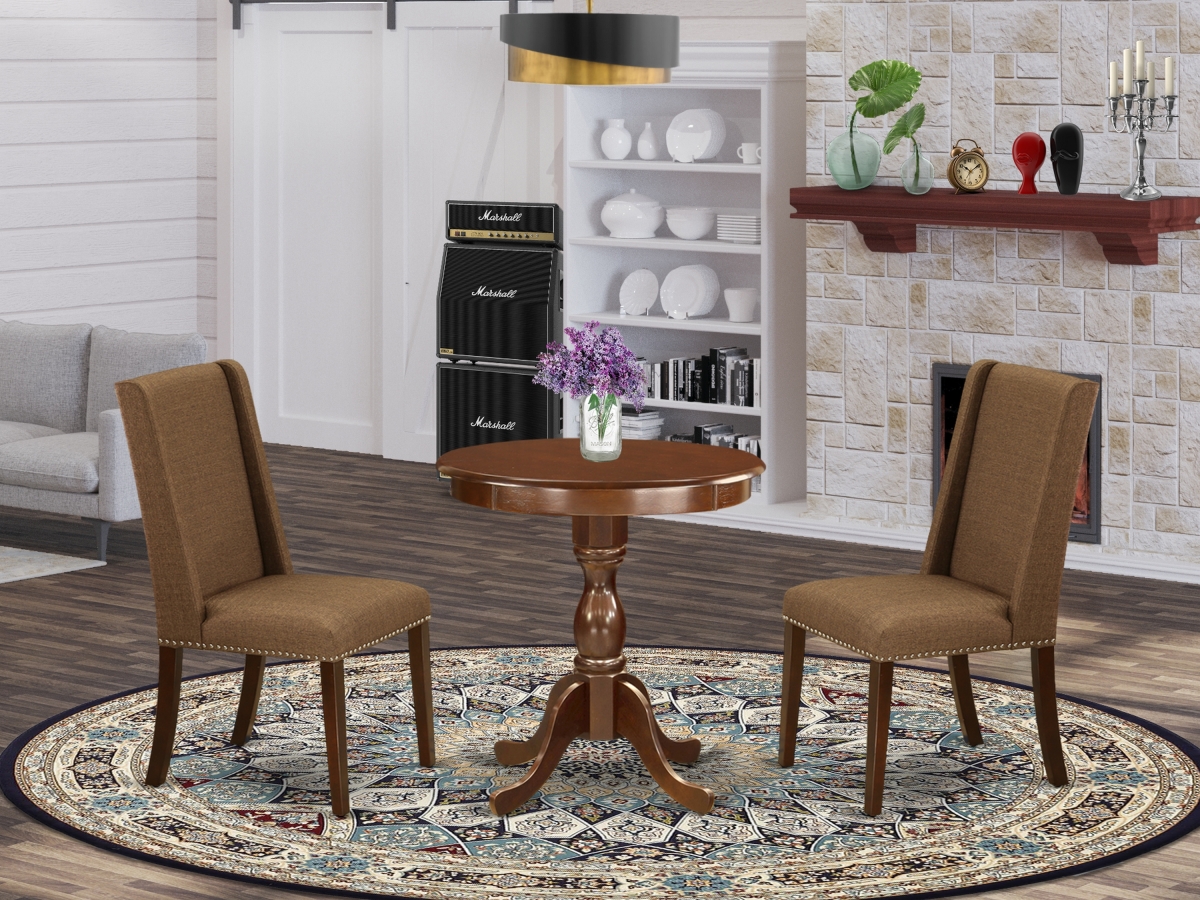 East West Furniture 3-Pc Modern Dining Table Set - 2 Kitchen Chairs and 1 Dining Room Table (Mahogany Finish) - Linen white