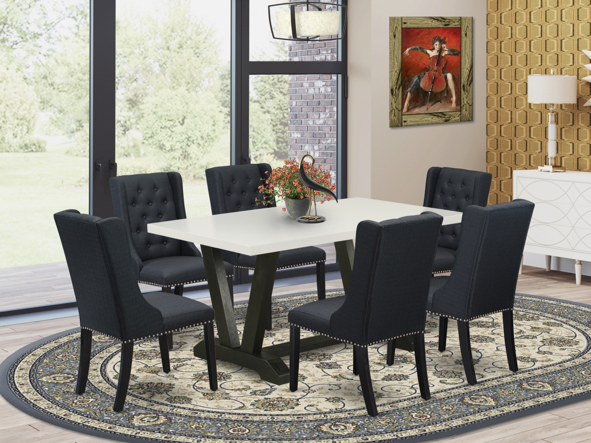 7 Piece V-Style Dining Room Table Set - Wire Brush Black