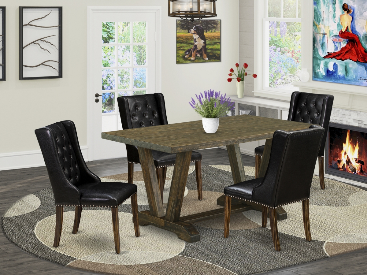 5 Piece V-Style Dining Table Set - Distressed Jacobean & Black
