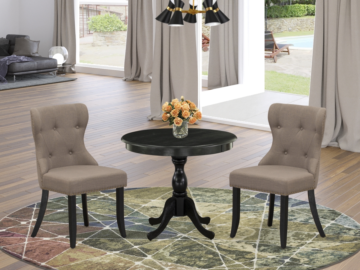 3 Piece Antique Dining Table Set - Wire Brushed Black