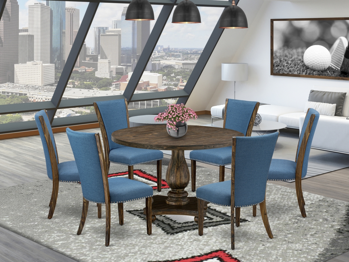 7 Piece Dining Table Set - Blue & Distressed Jacobean