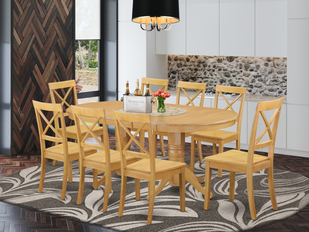 9 Piece Vancouver Dining Table with One 17 in. Leaf & 8 Wood Seat Dinette Chairs - Oak