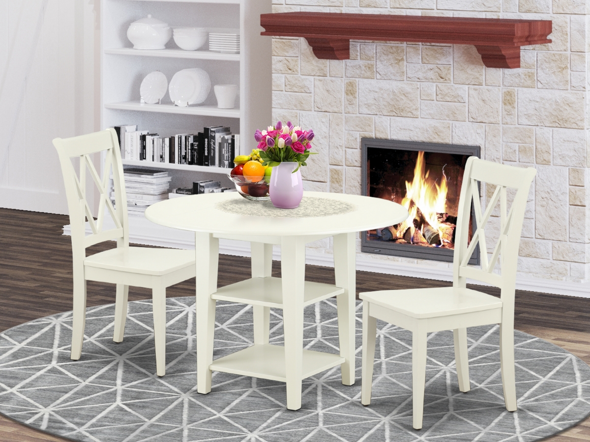 20-42 in. Sudbury Round Table with Two 11 in. Drop Leaves & 2 Double X Back Chairs - Linen White, 3 Piece