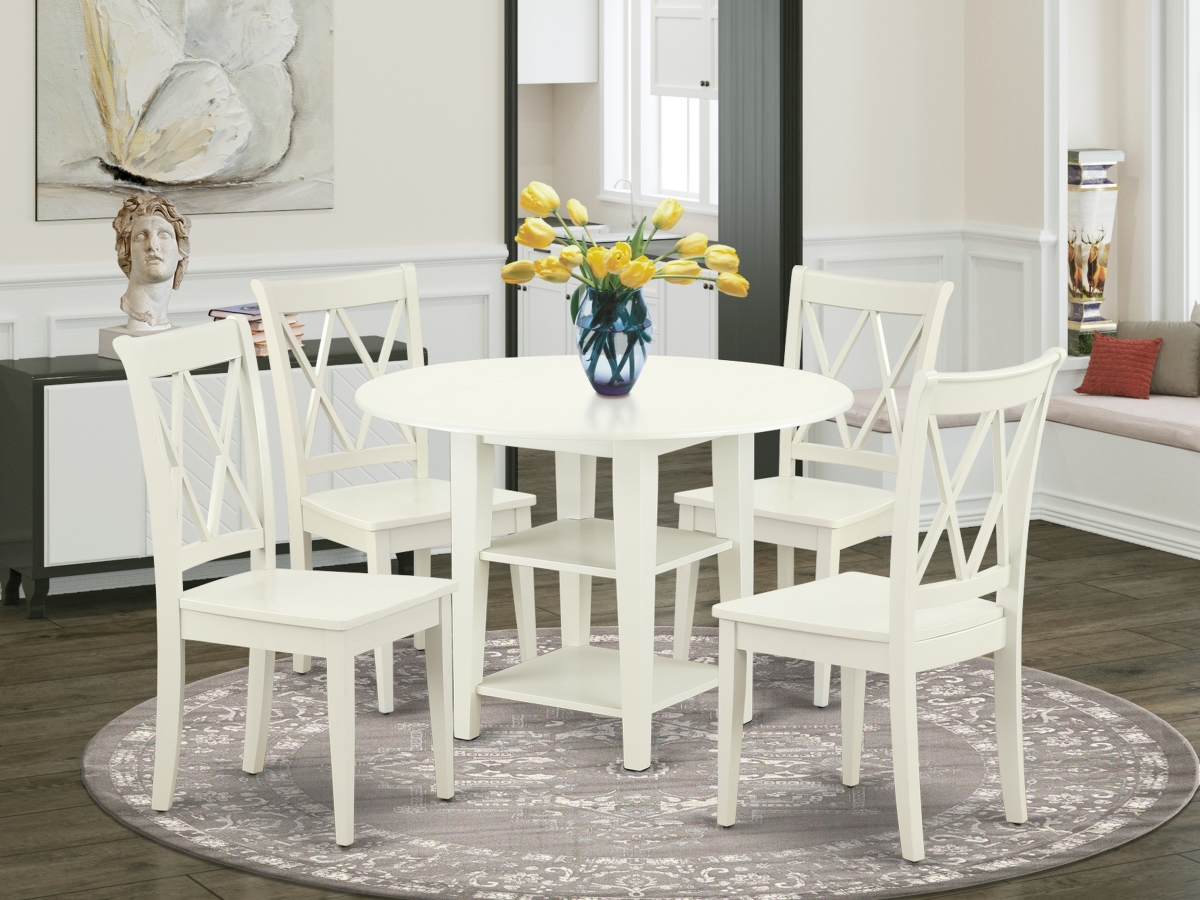 20-42 in. Sudbury Round Table with Two 11 in. Drop Leaves & 4 Double X Back Chairs - Linen White, 5 Piece