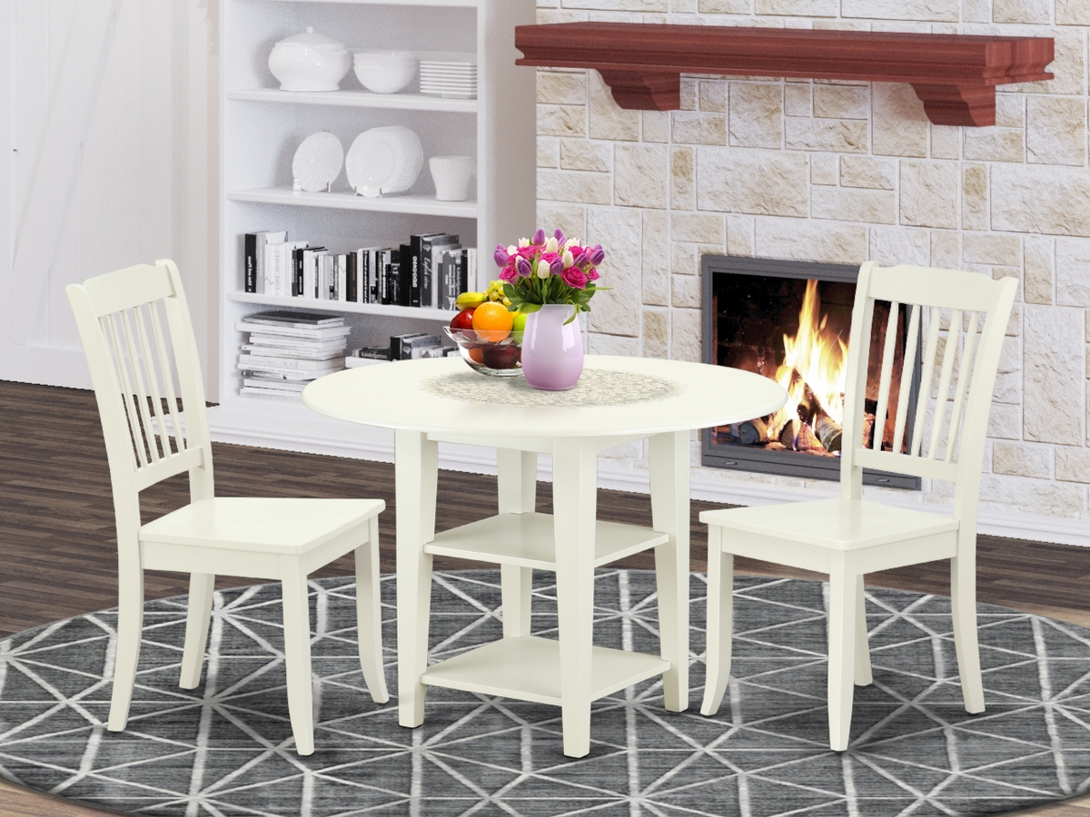 20-42 in. Sudbury Round Table with Two 11 in. Drop Leaves & 2 Vertical Slatted Chairs - Linen White, 3 Piece