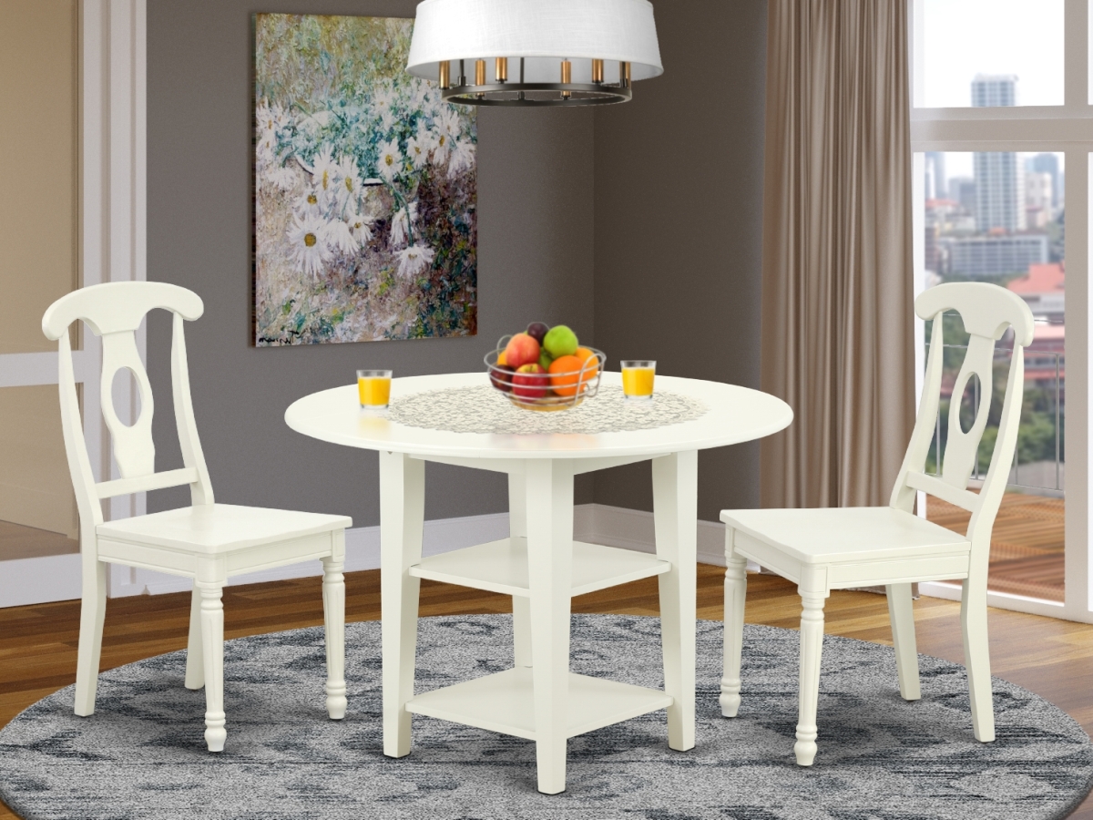 20-42 in. Sudbury Round Table with Two 11 in. Drop Leaves & 2 Panel Back Chairs - Linen White, 3 Piece
