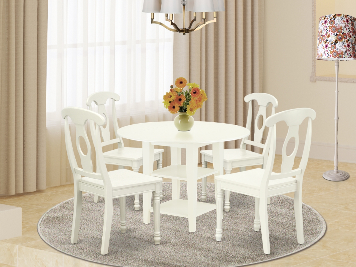 20-42 in. Sudbury Round Table with Two 11 in. Drop Leaves & 4 Panel Back Chairs - Linen White, 5 Piece