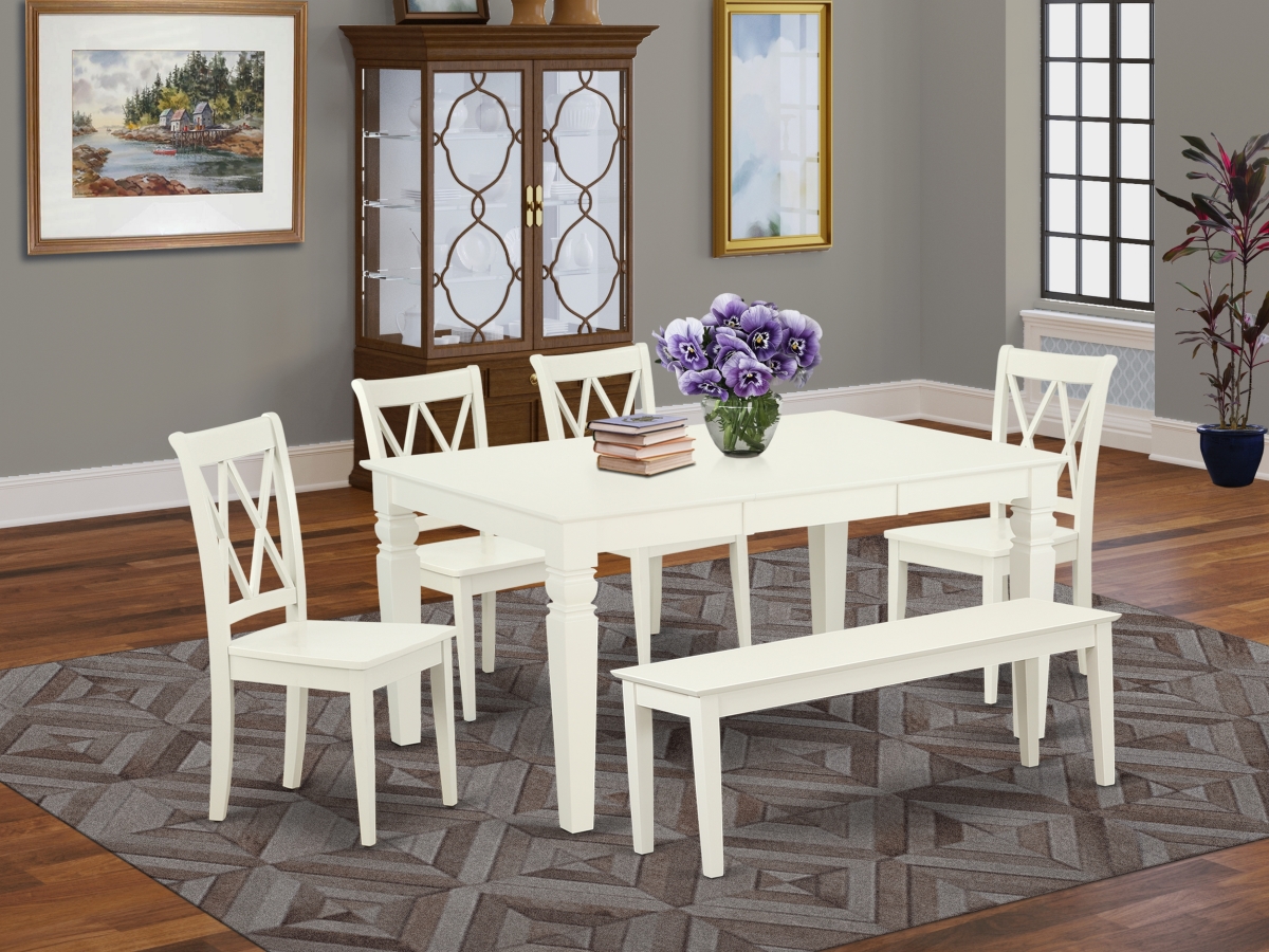 42-60 in. Weston Rectangular Table with 18 in. Leaf & 4 Double X Back Chairs Plus One Bench - Linen White, 6 Piece