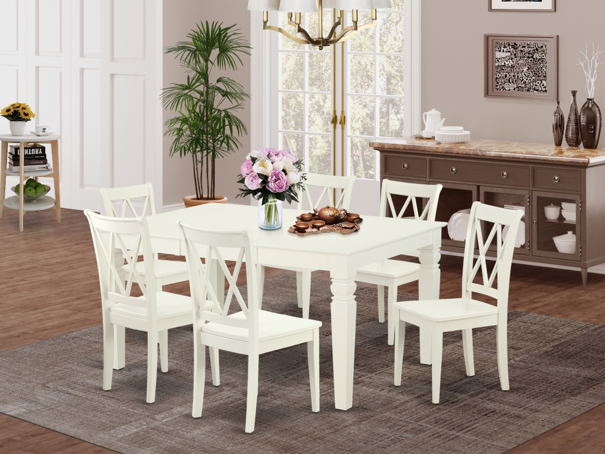 42-60 in. Weston Rectangular Table with 18 in. Leaf & 6 Double X Back Chairs - Linen White, 7 Piece