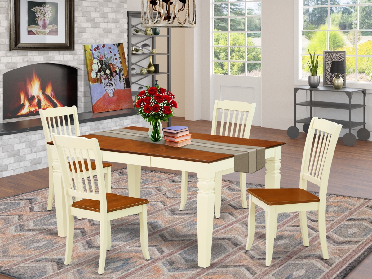 WEDA5-BMK-W 42-60 in. Weston Rectangular Table with 18 in. Leaf & 4 Vertical Slatted Chairs - Buttermilk & Cherry, 5 Piece