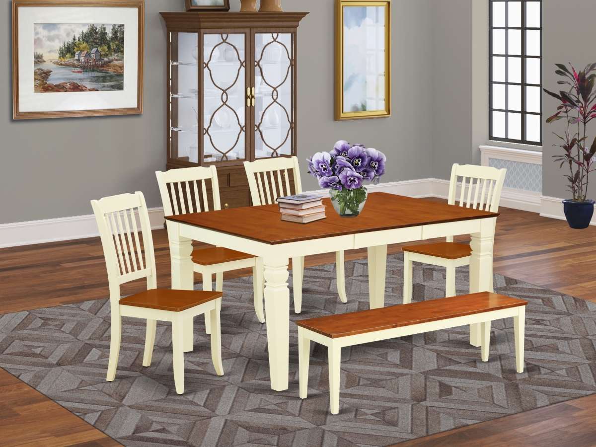 WEDA6N-BMK-W 42-60 in. Weston Rectangular Table with 18 in. Leaf & 4 Vertical Slatted Chairs Plus 1 Bench - Buttermilk & Cherry, 6 Piece