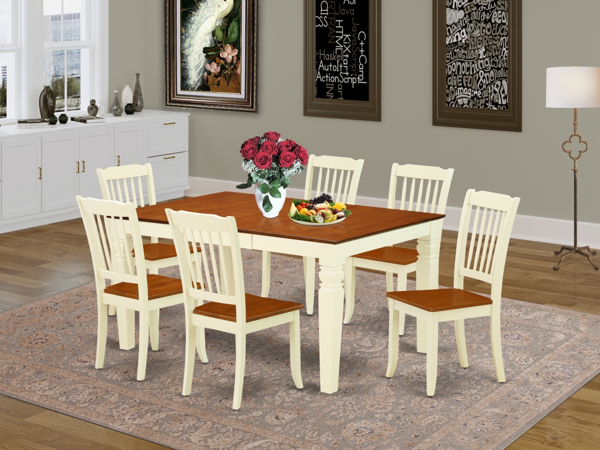 42-60 in. Weston Rectangular Table with 18 in. Leaf & 6 Vertical Slatted Chairs - Buttermilk & Cherry, 7 Piece