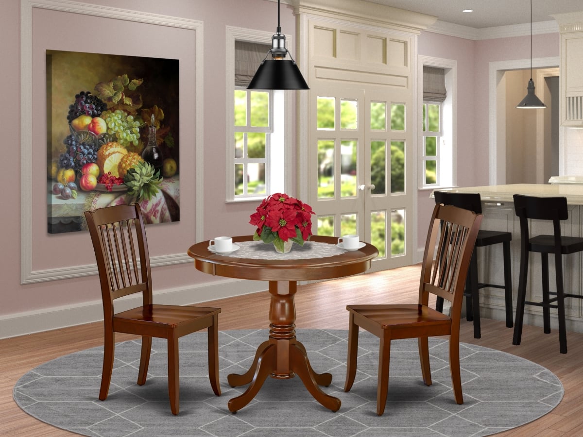36 in. Antique Round Table & 2 Vertical Slatted Chairs - Mahogany, 3 Piece
