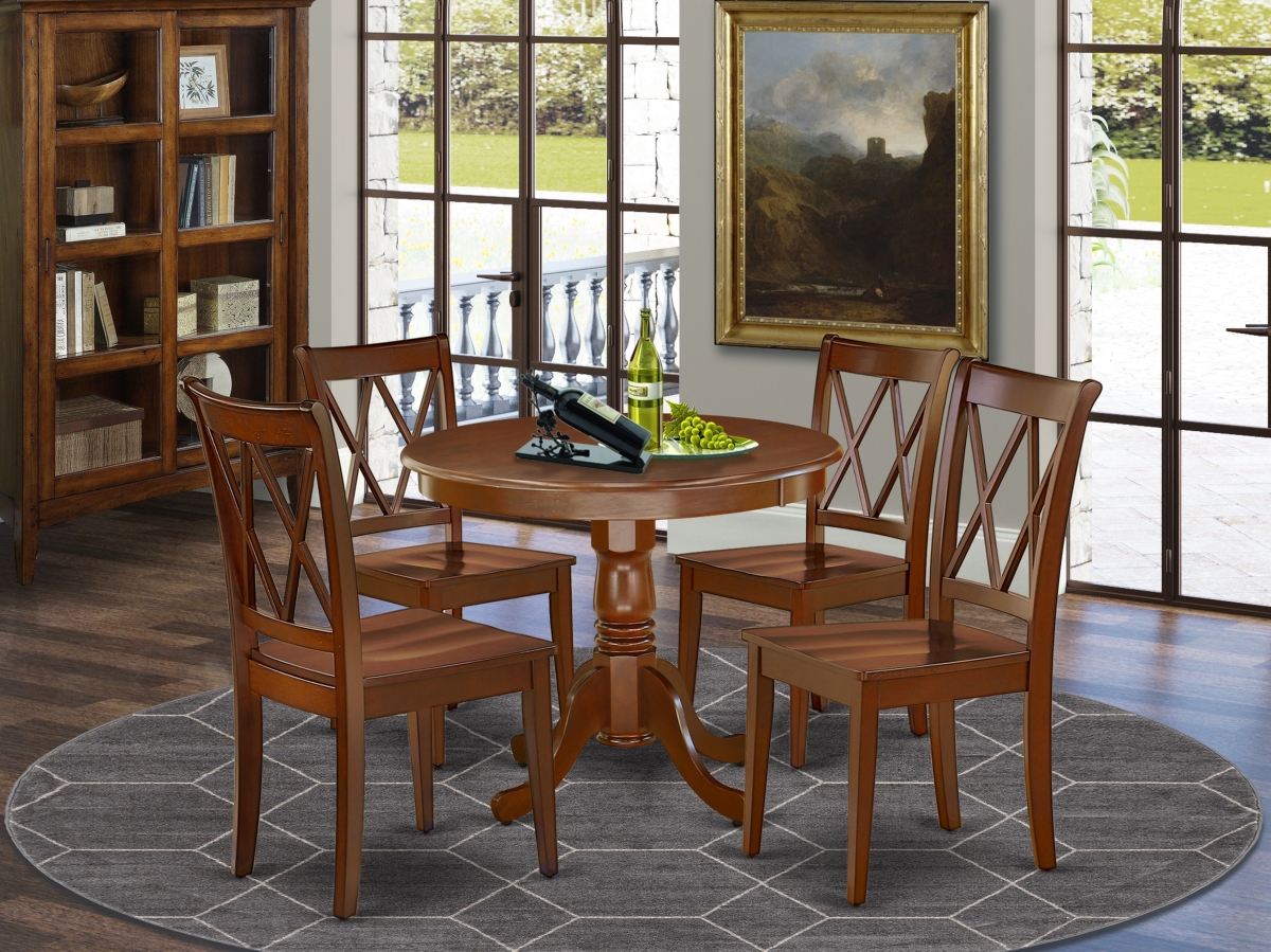 5 Piece Antique Round Table & 4 Double X Back Chairs - Mahogany