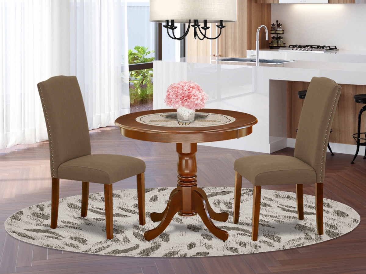 36 in. Antique Round Dining Table & 2 Parson Chair with Mahogany Leg & Linen Fabric - Dark Coffee, 3 Piece