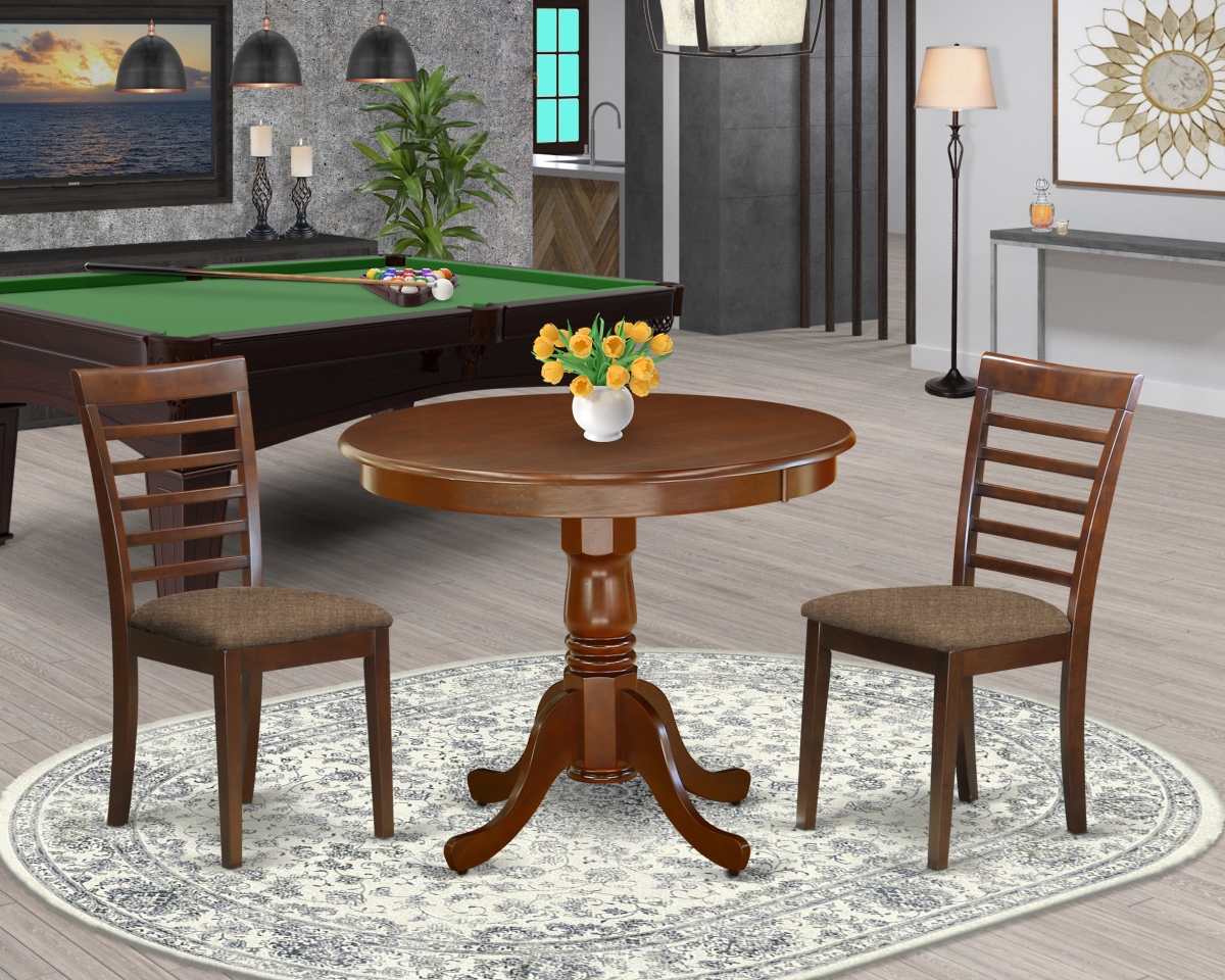 36 in. Antique Round Kitchen Table & Linen Upholstery Seat Dining Chairs - Mahogany, 3 Piece