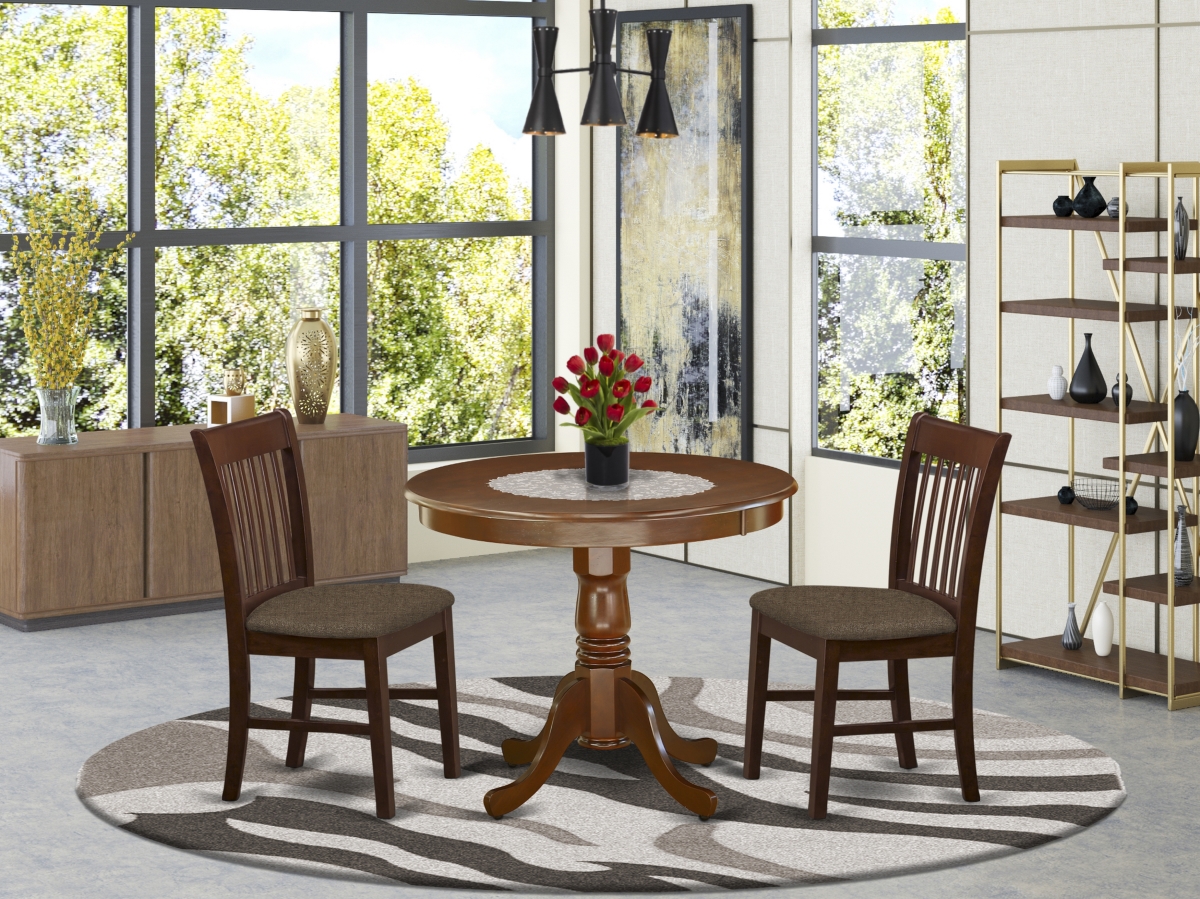 36 in. Antique Round Kitchen Table & Two Linen Fabic Seat Dining Chairs - Mahogany, 3 Piece