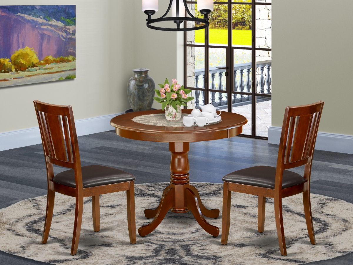 36 in. Antique Round Kitchen Table & Two Faux Leather Seat Kitchen Chairs - Mahogany, 3 Piece