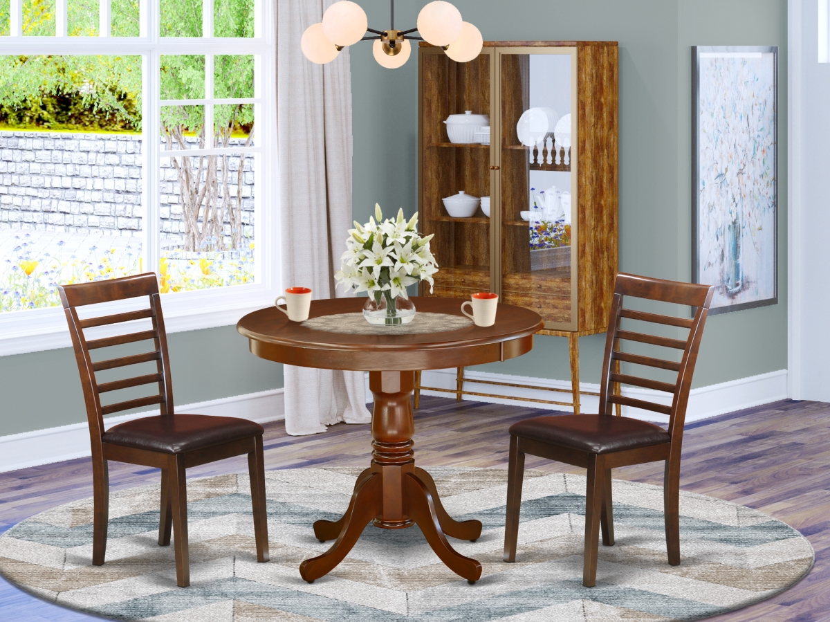 36 in. Antique Round Kitchen Table & Faux Leather Seat Dining Chairs - Mahogany, 3 Piece