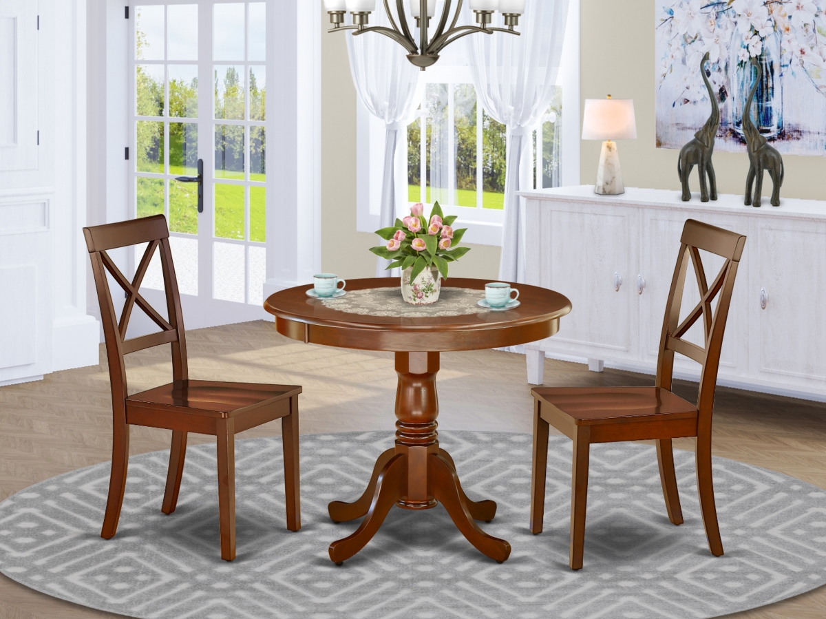 36 in. Antique Round Dining Table & Wood Seat Kitchen Chairs - Mahogany, 3 Piece