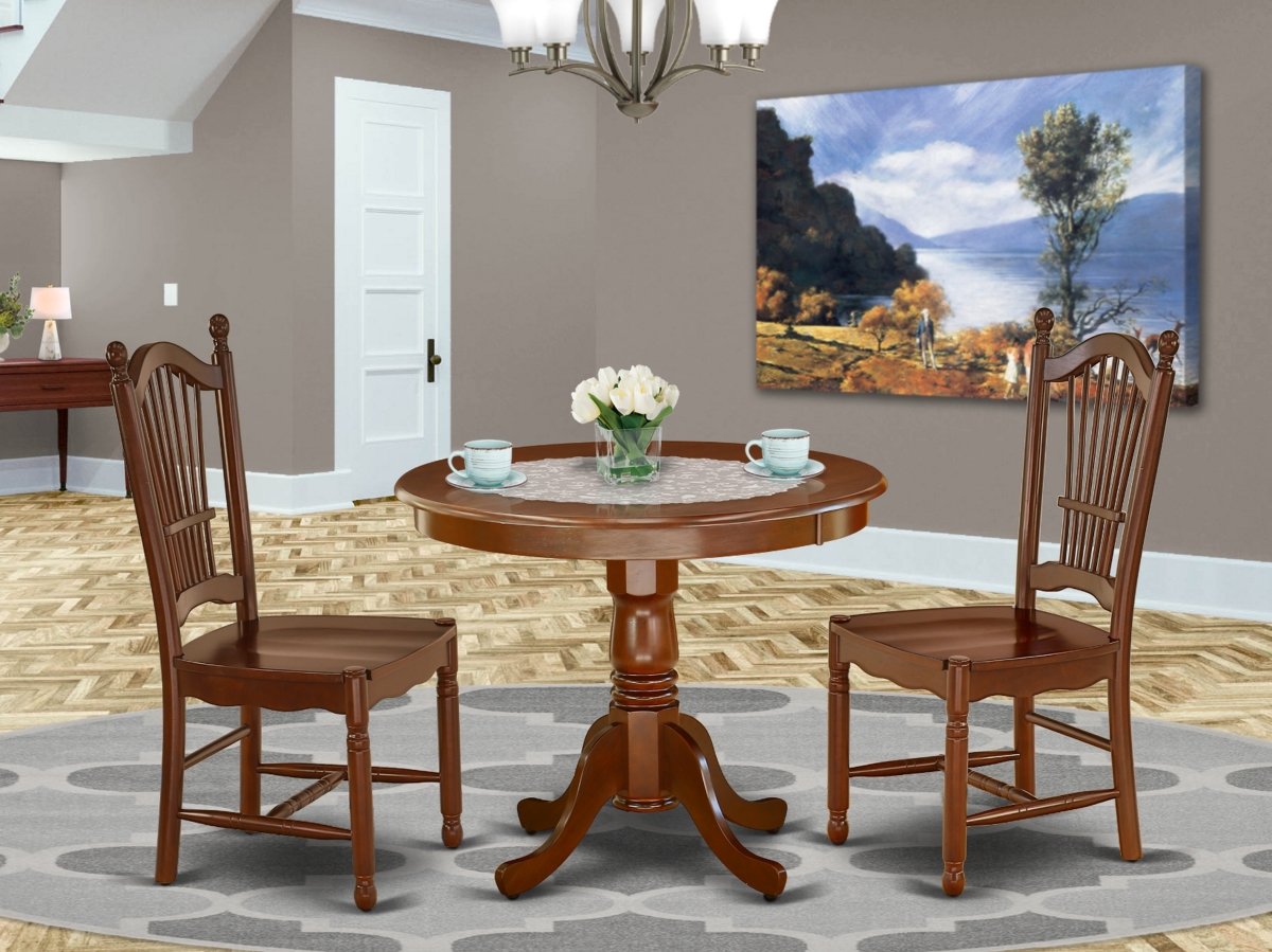 36 in. Antique Round Dinner Table & Two Wood Seat Dining Chairs - Mahogany, 3 Piece