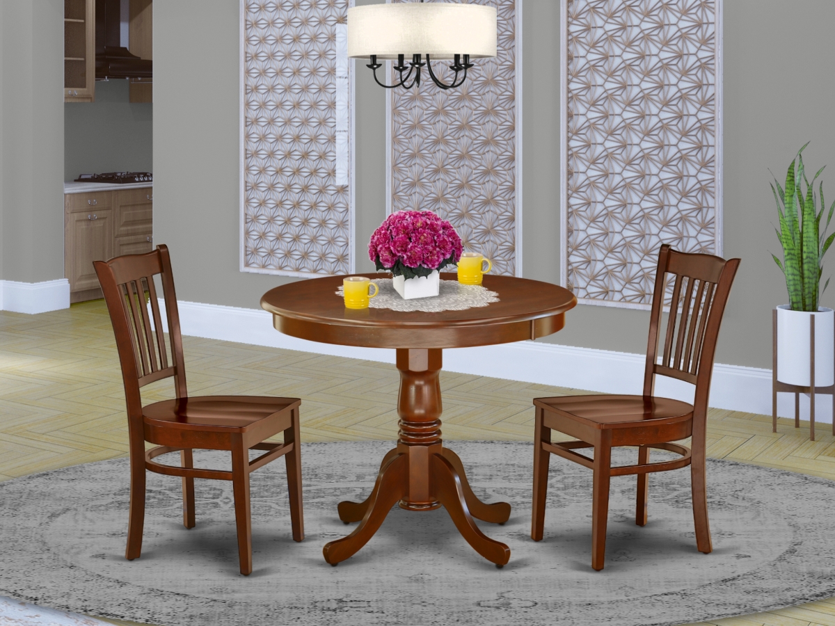 36 in. Antique Round Table & 2 Wood Seat Dining Chairs - Mahogany, 3 Piece